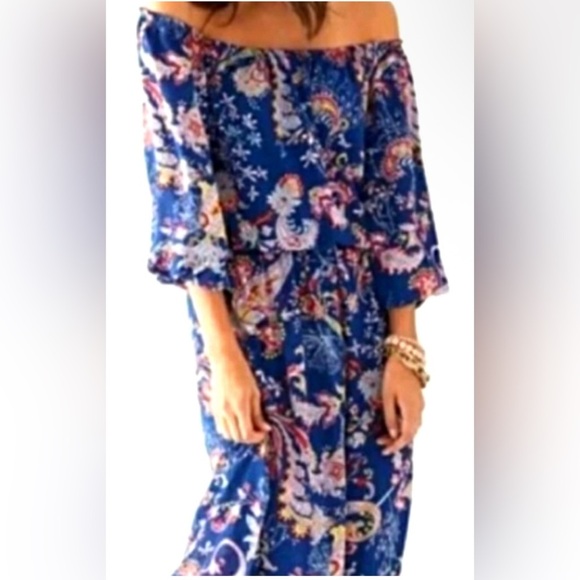 Bisou Bisou Michele Bohbot Dress 12 Off-Shoulder Boho Maxi Blue Paisley Chiffon - Picture 1 of 8